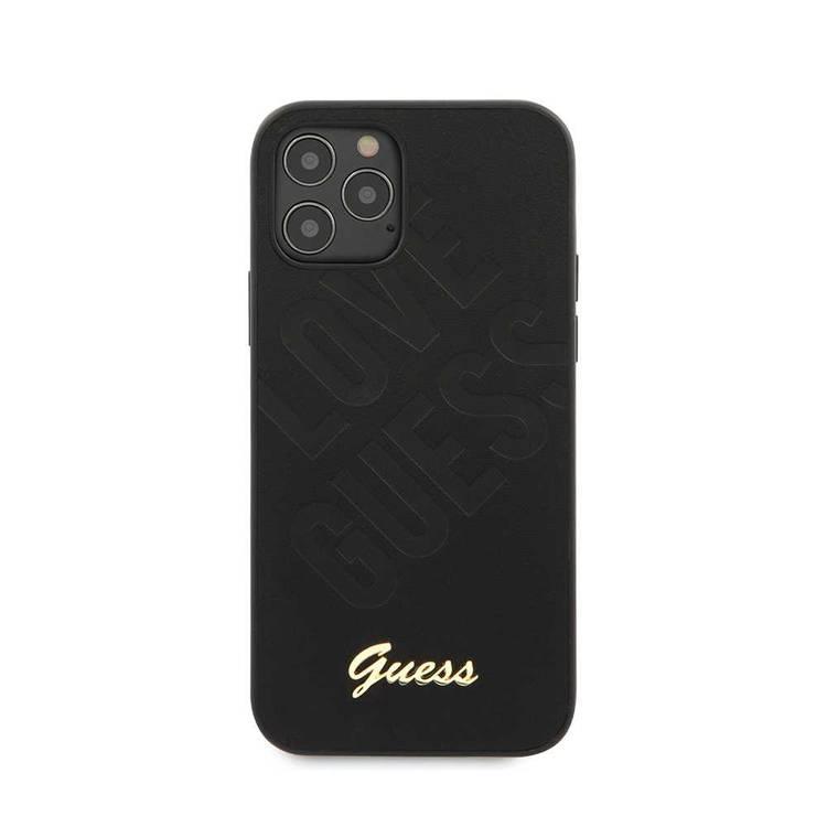 CG Mobile Guess PU Iridescent "LOVE" Debossed Case with Metal Logo for iPhone 12 Pro Max (6.7") Shock & Drop Protection Suitable with Wireless Chargers Officially Licensed Black