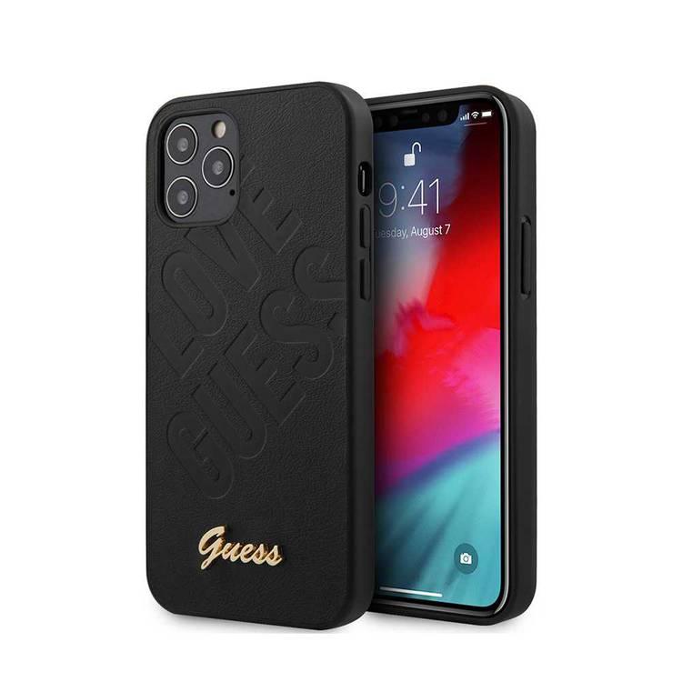 CG Mobile Guess PU Iridescent "LOVE" Debossed Case with Metal Logo for iPhone 12 Pro Max (6.7") Shock & Drop Protection Suitable with Wireless Chargers Officially Licensed Black