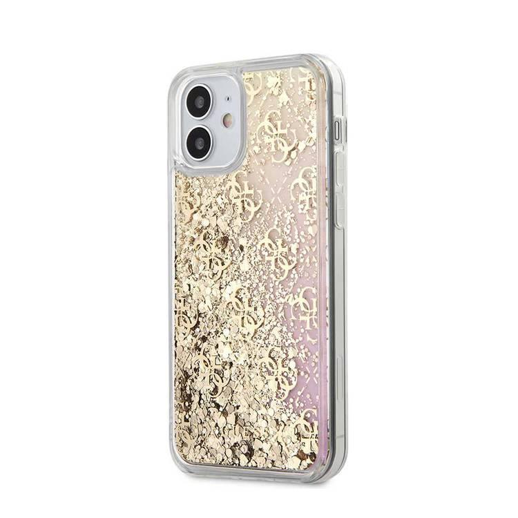 CG Mobile Guess Liquid Glitter 4G Pattern Gradient Background for iPhone 12 Mini (5.4") Officially Licensed, Shock Resistant, Compatible with Wireless Chargers - Gold