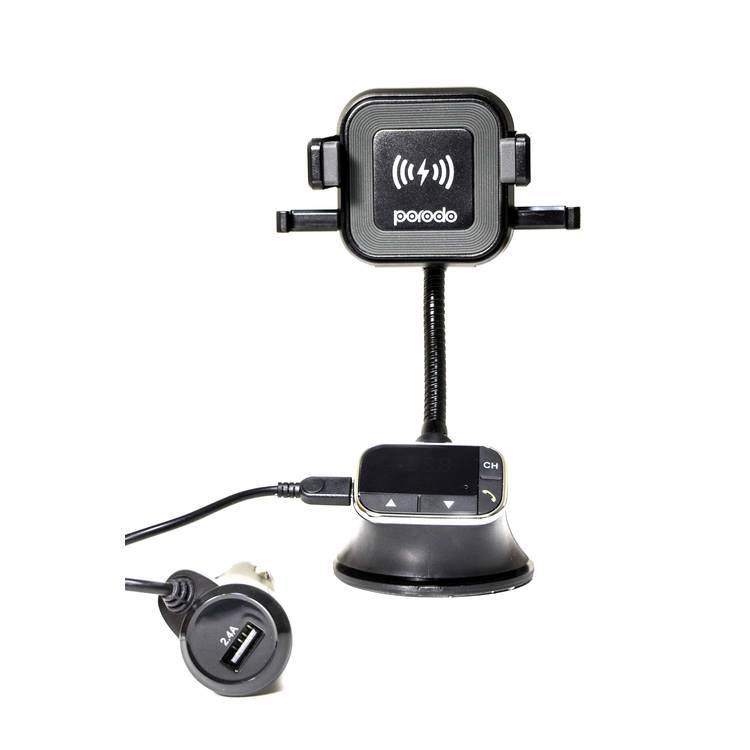 Porodo FM Transmitter Wireless Car Mount 10W for Audio Streaming - Car Charger w/ USB Output - Flexible Neck - Bluetooth 4.2 Audio Receiver - QI Standard Wireless Charging - Black