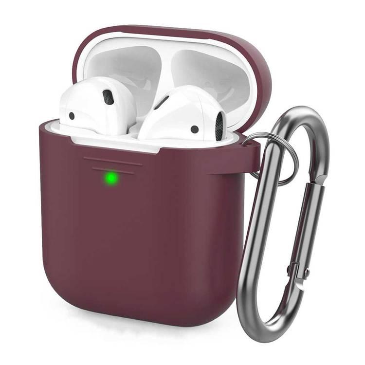AhaStyle Premium Portable Keychain Silicone Case Compatible w/ Airpods 1/2 Generation, Scratch & Drop Resistant, Absorbing Protective Cover, Wireless Charging Case - Burgundy