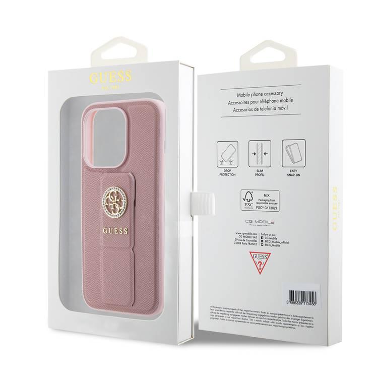 Guess Gripstand Saffiano Case with 4G Strass Metal Logo - Pink - iPhone 15 Pro