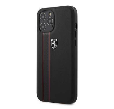 CG Mobile Ferrari Off Track Genuine Leather Hard Case with Contrasted Stitched &Embossed Lines Compatible for iPhone 12/12 Pro(6.1") Officially Licensed, Shock Resistant - Black