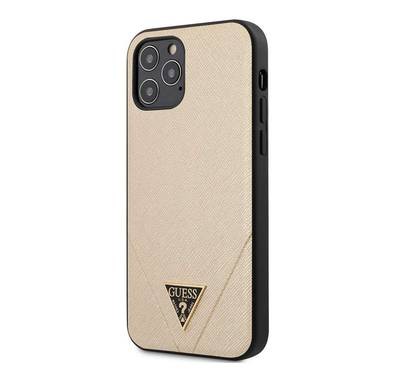 CG Mobile Guess PU Saffiano V Stitched with Metal Logo Case for iPhone 12 / 12 Pro (6.1") Shock & Drop Protection Suitable with Wireless Chargers Officially Licensed - Light Gold