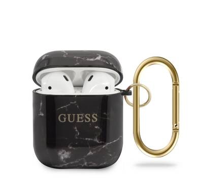 CG Mobile Guess TPU Marble Effect with Anti-Lost Ring for AirPods 1/2, Shock Absorption, Drop Protection, & Dustproof Protective Cover Officially Licensed Black