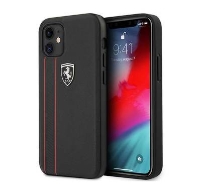 CG Mobile Ferrari Off Track Genuine Leather Hard Case with Contrasted Stitched and Embossed Lines for iPhone 12 Mini (5.4")  Officially Licensed - Black