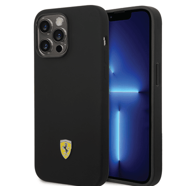 Ferrari Liquid Silicone Case with Black Camera Outline & Metal Logo iPhone 14 Pro Max Compatibility - Black