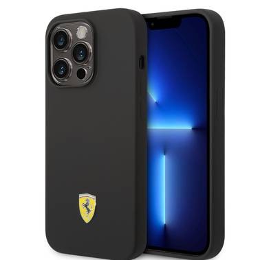 CG Ferrari Magsafe Compatibility Liquid Silicone Case with Metal Yellow Logo Shield iPhone 14 Pro Max Compatibility - Black