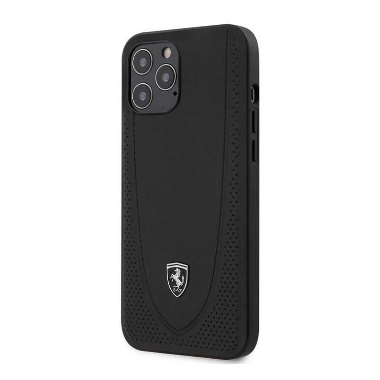 Ferrari Off Track Genuine Leather Hard Case with Curved Line Stitched and Contrasted Perforated Leather for iPhone 12 Pro Max (6.7") - Black