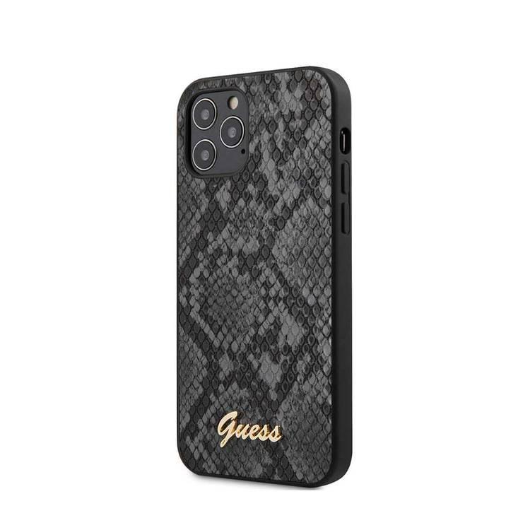 CG MOBILE Guess PU Python Pattern Phone Case with Metal Logo Compatible for iPhone 12/12 Pro (6.1") Mobile Case Suitable with Wireless Charging Officially Licensed - Black
