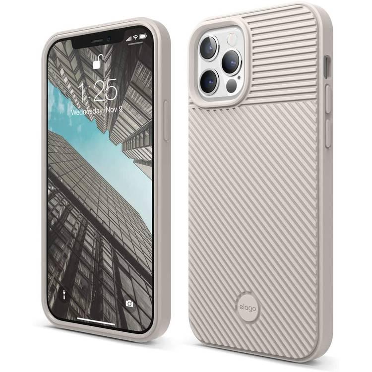 Elago TPU Cushion Case Compatible for iPhone 12 Pro Max (6.7"), Edge Stripe, Great Shock Absorbing Case, Wireless Charging Compatible - Stone