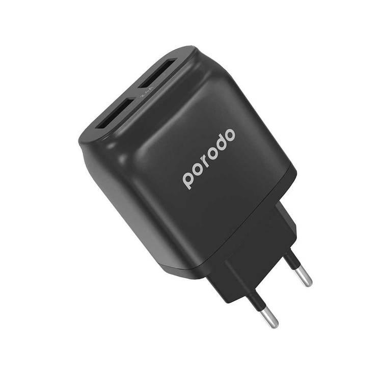 Porodo Wall Charger, Dual USB-A Wall Charger 2.4A EU 2pin Plug, Fast Charging and Auto-ID Adapter with Over-heat Protection & Fire-proof Material - Black