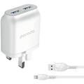 Porodo Main Charger, Dual USB Wall Charger 2.4A with Improved Version PVC Lightning Cable, Fast Charging, Over-heat Protection 1.2m White - UK
