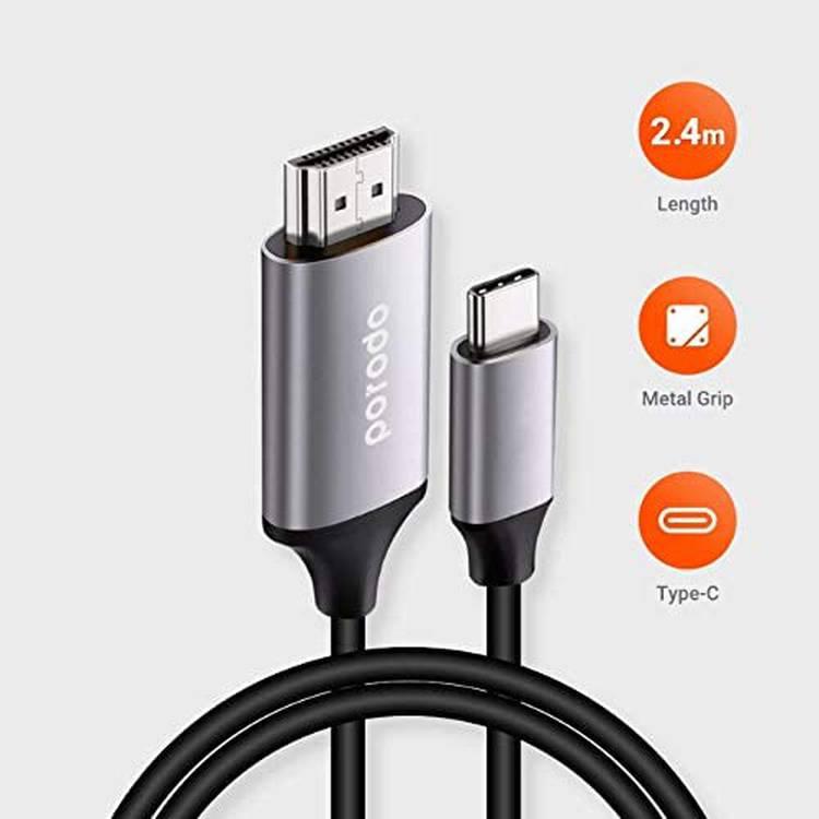 Porodo Type-C to 4K HDMI Cable 2m/6.6ft with Premium Aluminum Shell Finish, 4K Video@60Hz, High Definition HDMI Connector, Durable PVC Connection, Plug & Play Cord - Gray