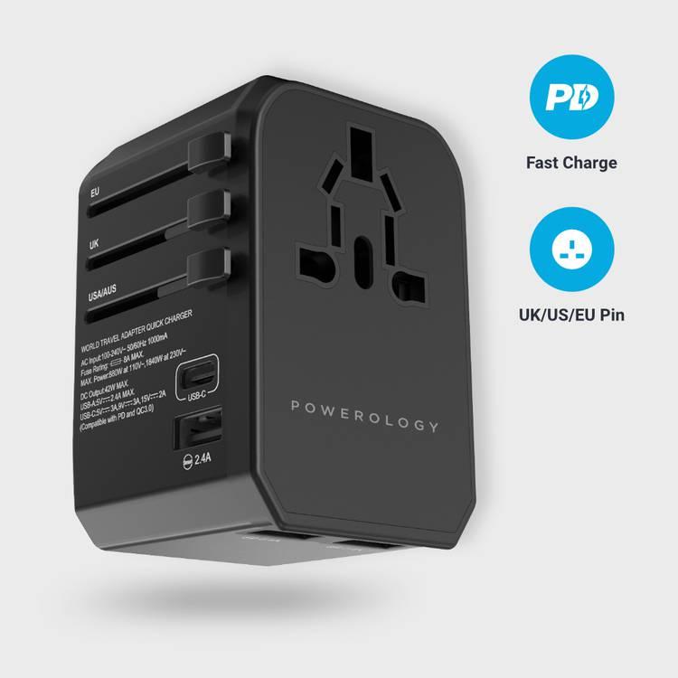 Powerology USB-C PD 45W Universal Charger US UK AU EU 150+ countries, Power Delivery fast charge Compatible for MacBook/Microsoft Surface Book/iPad/iPhone 11/11 Pro (Black)