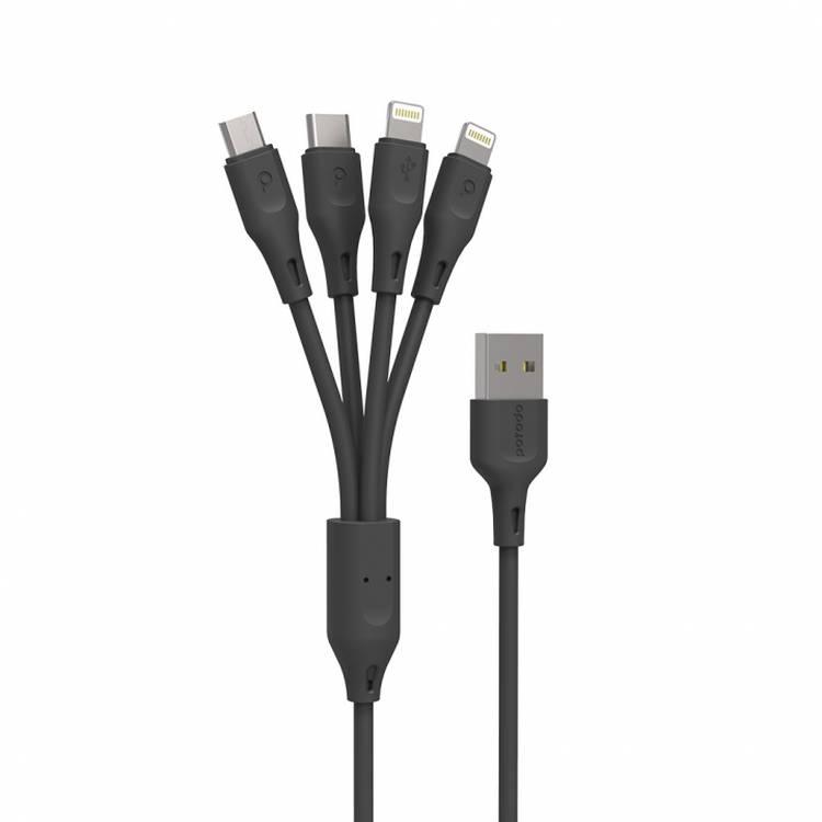 كابل شحن بورودو ، كابل 4 في 1 PVC (Lightning / Type-C / Micro USB) مناسب لأجهزة Lightning &amp; Android 2.4A ، شحن سريع متين وموصل بيانات 1.2 متر - أسود
