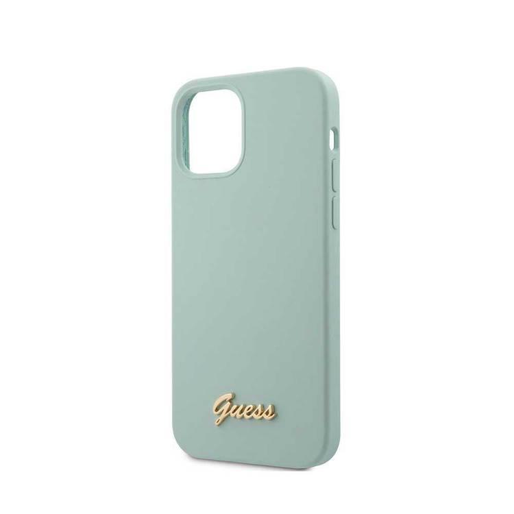 CG Mobile Guess Liquid Silicone Case with Metal Logo Script for iPhone 12 Pro Max (6.7") Back Cover Suitable for Wireless Charger Officially Licensed - Light Blue