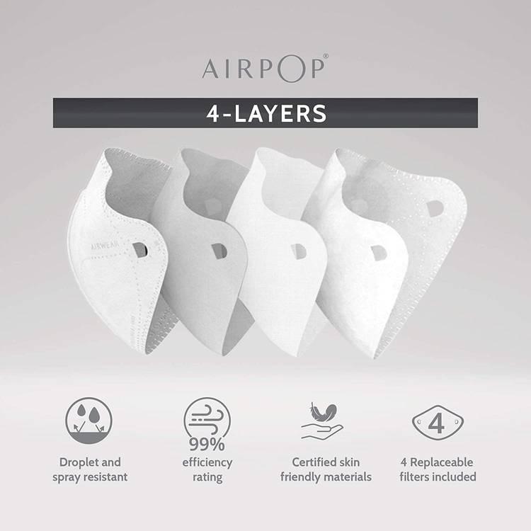 Airpop Original Reusable Face Mask, 4-Layer Filter Face Coverings, Contoured Fit, Folding Adjustable Face Mask, Adult Face Masks for Pollutant Protection - Black
