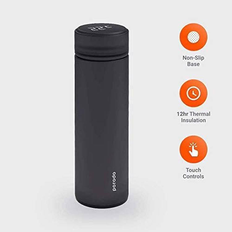 Porodo Smart Water Bottle Cup With Temperature Indicator, Up to 12 Hours of Thermal Insulation, Sports Drink Flasks, 500ml, Touch Sensitive Display, Non-Slip Base, 17 Oz - Black