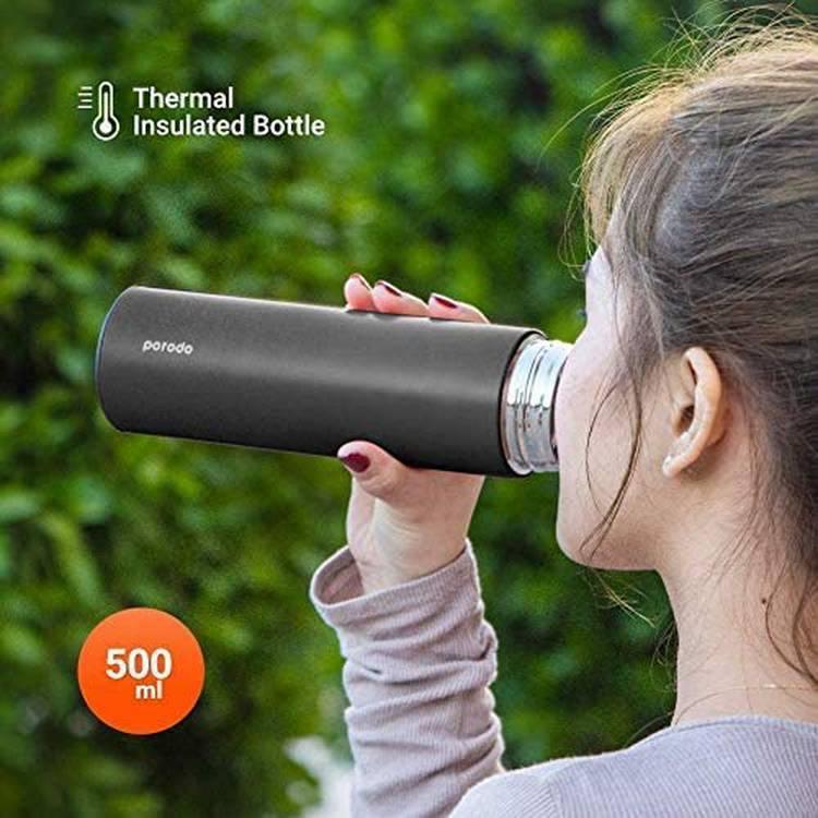 Porodo Smart Water Bottle Cup With Temperature Indicator, Up to 12 Hours of Thermal Insulation, Sports Drink Flasks, 500ml, Touch Sensitive Display, Non-Slip Base, 17 Oz - Black