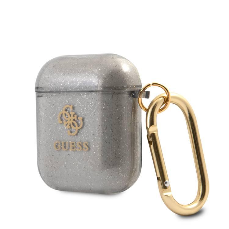 CG MOBILE Guess TPU Colored Glitter Case with Anti-Lost Ring for AirPods 1/2, Scratch & Drop Resistant, Dustproof & Absorbing Protective Silicone Cover Officially Licensed Black