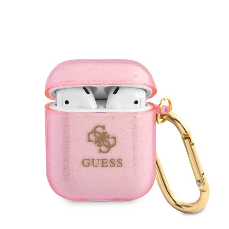 CG MOBILE Guess TPU Colored Glitter Case with Anti-Lost Ring for AirPods 1/2, Scratch & Drop Resistant, Dustproof & Absorbing Protective Silicone Cover  Officially Licensed Pink