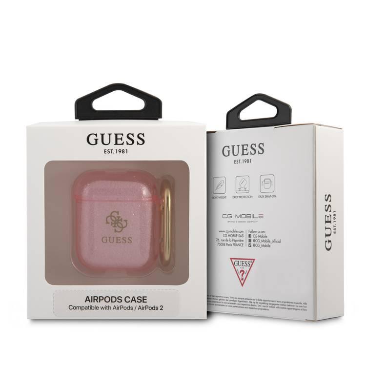 CG MOBILE Guess TPU Colored Glitter Case with Anti-Lost Ring for AirPods 1/2, Scratch & Drop Resistant, Dustproof & Absorbing Protective Silicone Cover  Officially Licensed Pink