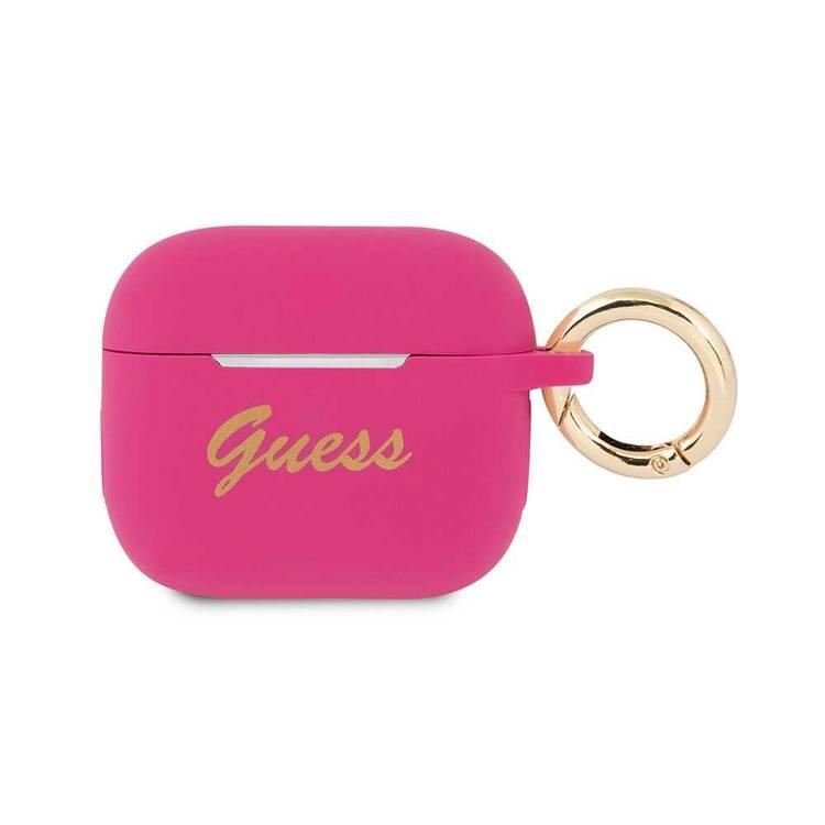 CG MOBILE Guess Silicone Printed Script Case with Anti-Lost Ring Compatible for AirPods 3, Scratch & Drop Resistant, Shock Absorption & Dustproof Protection - Pink