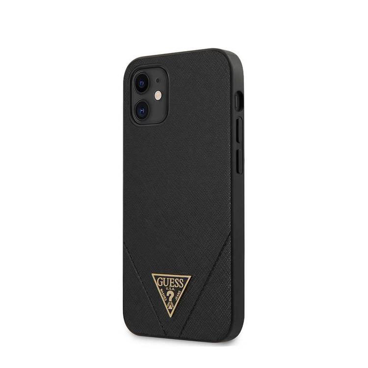 CG Mobile Guess PU Saffiano V Stitched w/ Metal Logo Case for iPhone 12 Mini (5.4") Officially Licensed, Shock Resistant, Compatible with Wireless Chargers - Black