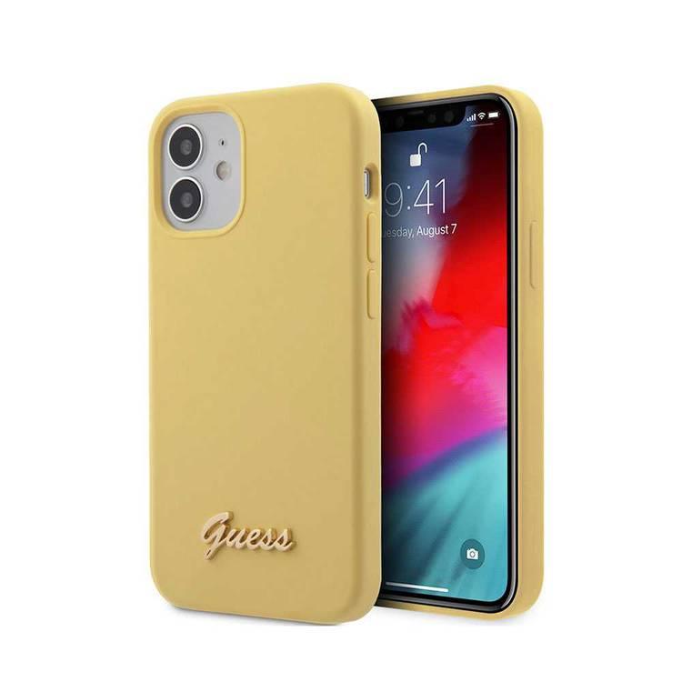 CG MOBILE Guess Liquid Silicone Phone Case w/ Metal Logo Script for iPhone 12 Mini (5.4") Mobile Case Compatible with Wireless Chargers Officially Licensed - Yellow