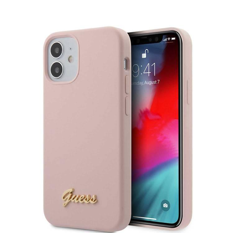 CG MOBILE Guess Liquid Silicone Phone Case w/ Metal Logo Script for iPhone 12 Mini (5.4") Mobile Case Compatible with Wireless Chargers Officially Licensed - Pink