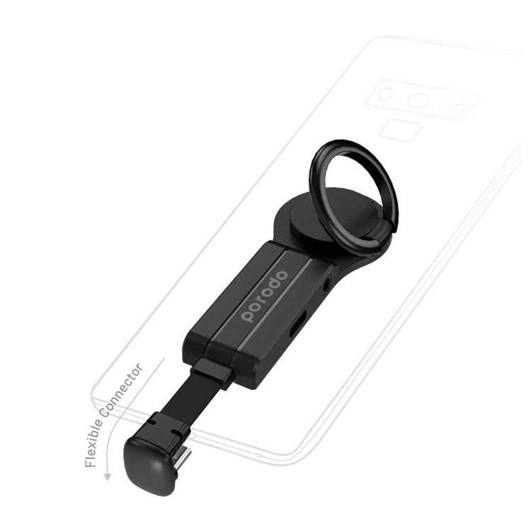 Porodo Type-C And 3.5Mm Adapter (Charge & Audio) With Finger Grip 2A, Black