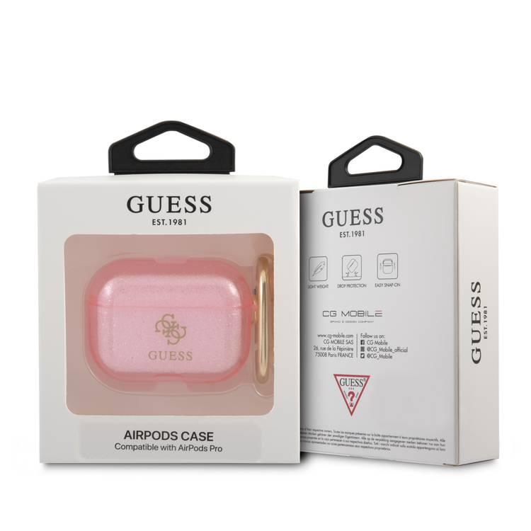 CG MOBILE Guess TPU Colored Glitter Case with Ring Compatible for Airpods Pro Scratch & Drop Resistant, Dustproof & Absorbing Protective Silicone Cover - Pink