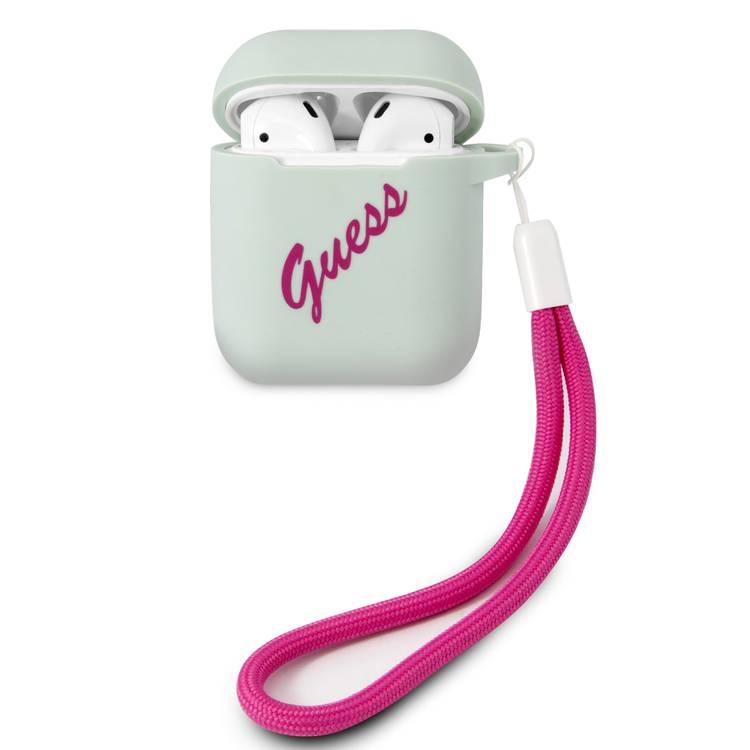 CG MOBILE Guess Silicone Vintage Case Fuchsia Logo with Lanyard Compatible for AirPods 1/2, Scratch & Drop Resistant, Dustproof & Absorbing Protective Silicone Cover