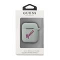 CG MOBILE Guess Silicone Vintage Case Fuchsia Logo with Lanyard Compatible for AirPods 1/2, Scratch & Drop Resistant, Dustproof & Absorbing Protective Silicone Cover