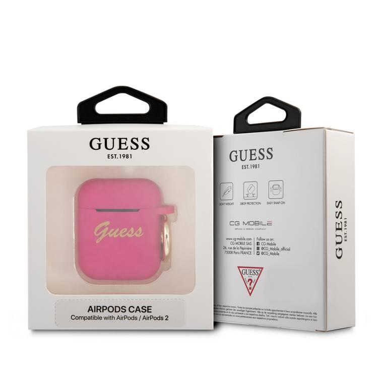 CG MOBILE Guess Silicone Printed Script Case with Anti-Lost Ring Compatible for AirPods 1/2, Scratch Resistant, Shock Absorption & Drop Protection Cover Officially Licensed - Fuchsia