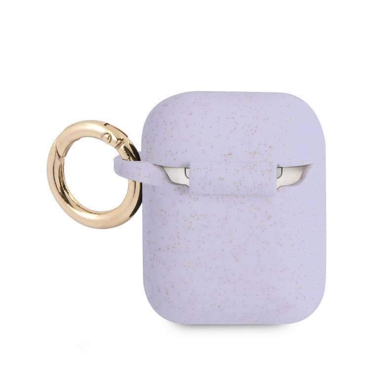 CG MOBILE Guess Silicone Glitter Case with Anti-Lost Ring Compatible for AirPods 1/2, Scratch Resistant, Shock Absorption & Drop Protection Cover Officially Licensed - Purple