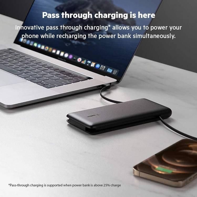 Belkin BOOSTCHARGE Plus 10000mAh Portable Charger Power Bank with Integrated Lightning (MFI) & Integrated USB-C Cables and  USB-C Charging Port - Black