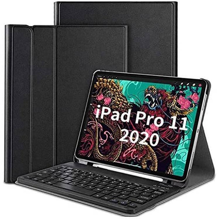 Green Lion Premium Leather Case with Detachable Wireless Keyboard ( English/Arabic ) & Pencil Slot, 360 Protection, Foldable Closing Compatible for Apple iPad Pro 11" 2020 - Black