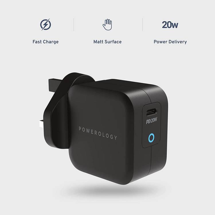 Powerology Wall Charger, Ultra-Compact 20W Power Delivery GaN Charger UK 3Pin Plug, Full Speed Charge, USB-C Adapter Fast Charging, Matt Surface - Black