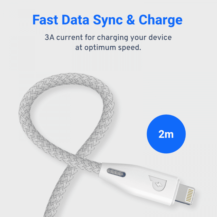 Powerology Fast Charging Cable, [MFi Certified] USB C to Lightning Braided Fast PD Charge 2 meter / 6.6 feet with iPhone 12 Pro Max/12 Mini/12, 11 Pro Max/11 Pro/11, XS Max/XS/XR/X, 8 Plus/8 (White)
