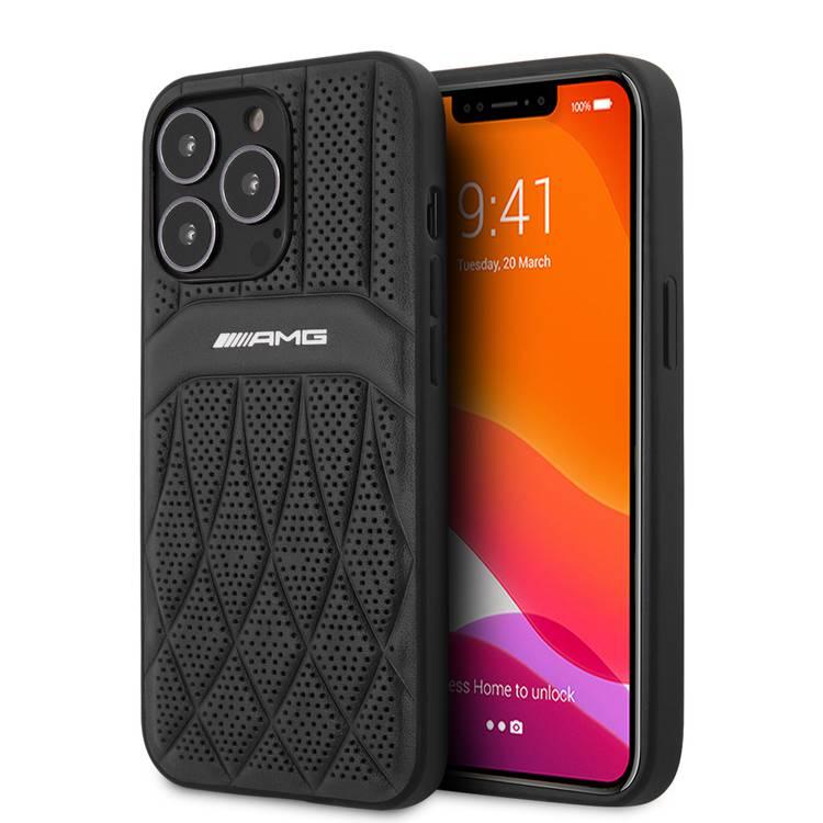 CG MOBILE AMG Genuine Leather Case With Perforated Black Leather Curved Lines Hot Stamped With Logo Compatible for iPhone 13 Pro (6.1") Easy Access to All Ports