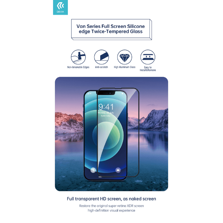 Devia Van Series Full Screen Silicone Edge Twice-Tempered Glass Compatible for iPhone 13 Pro Max (6.7") Easy Installation, Anti-Scratch , Screen Guard with Alignment Frame