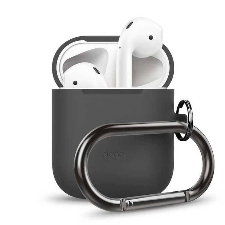 Elago Airpods Hang Case, Convenient Metal Carabiner, Shockproof Protective Cover, Dustproof, Waterproof Case, Use as Keychain Easy to Carry, Supports Wireless Charging - Dark Gray