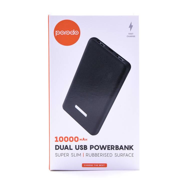 Porodo Dual USB Universal Power Bank 10000mAh with Rubberised Surface, Compact Slim Design Portable Charger Powerbank with LED Battery Indicator Compatible for Smartphones - Black