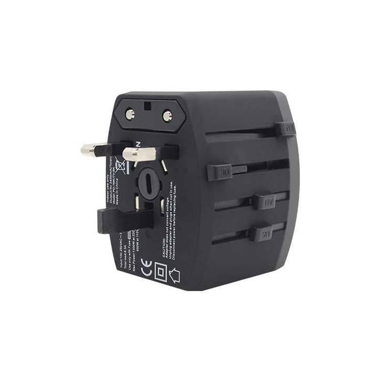 Porodo 3 USB + 1 Type-C Port Universal Travel Adapter 3.4A - Worldwide All in One Universal Power Wall Charger - International Compatibility (US / EU / UK / AU Plugs) - Black