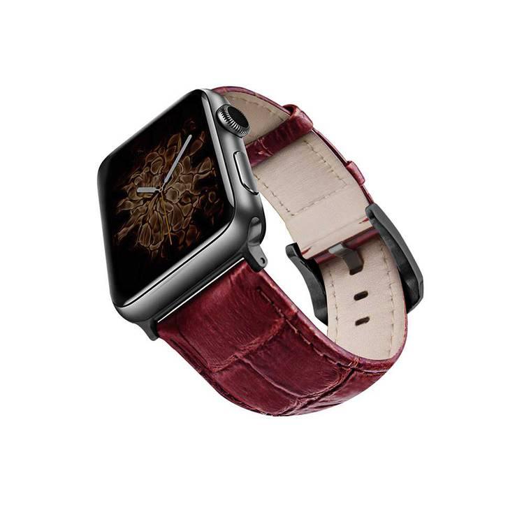 Viva Madrid Montre Crox Genuine Leather Strap Compatible for Apple Watch 42/44MM - Fit & Comfortable Replacement Wrist Band - Sweat Resistant & Lasting Durability - Red/Black