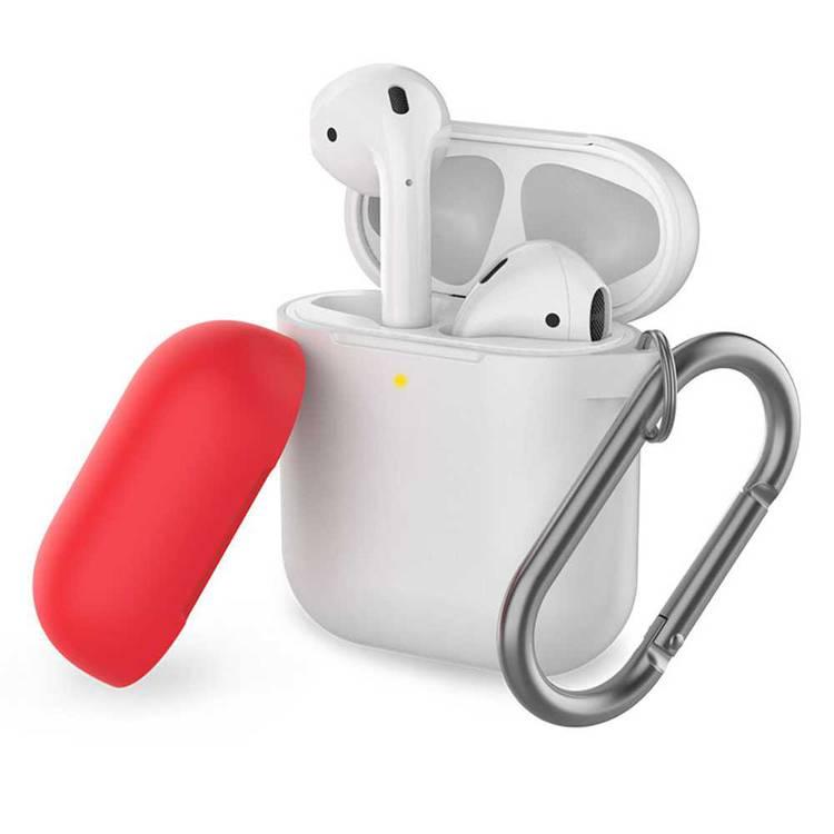 AhaStyle Keychain Version Two Toned Silicone Case with Anti-Lost Ring Compatible for AirPods 1/2 Generation, Scratch & Drop Resistant, Dustproof - White / Red