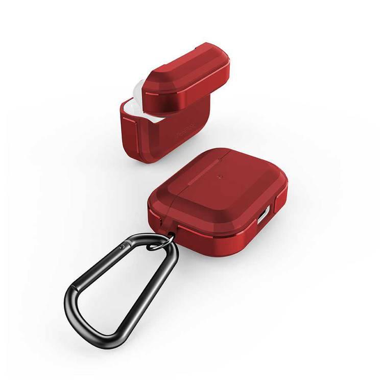 X-Doria Defense Trek Aluminum Bumper Case with Anti-Lost Carabiner & Loop Compatible for AirPods Pro - Sleek Design Cover - 360 Degree Protection - Charging Light Visible - Red