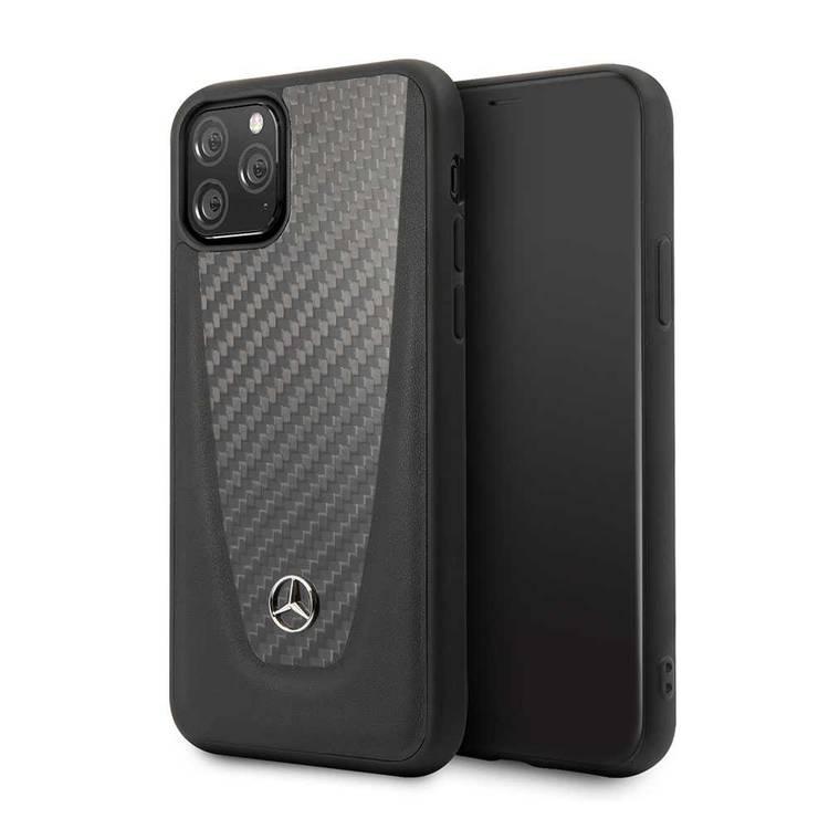 CG MOBILE Mercedes Benz Genuine Leather Case with Carbon Fiber Compatible for iPhone 11 Pro Max (6.5")  Shock Absorption - Drop Protection Back Cover Officially Licensed - Black
